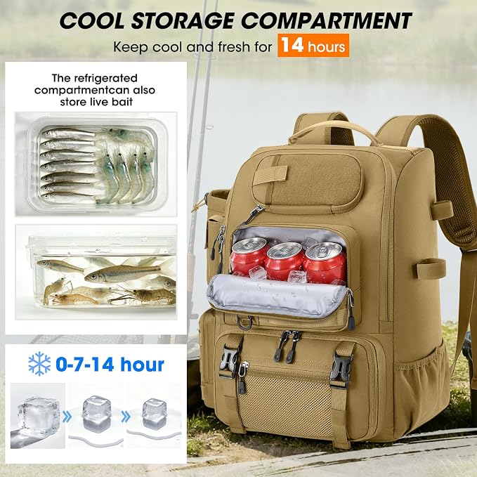 RAINSMORE Fishing Backpack with Rod Holders & Cooler 40L Water Resistant Tackle Backpack with Rain Cover Store Fishing Gear