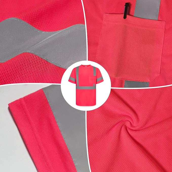 TCCFCCT Construction High Visibility Shirts - Men's & Women's Short Sleeve Work Shirts with Reflective Strips, Durable & Breathable, DC-Pink M