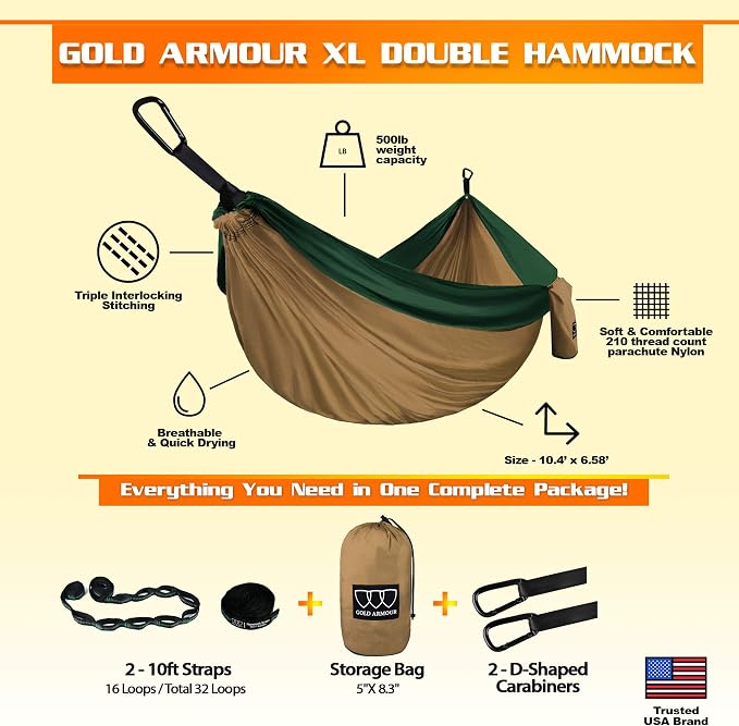 Gold Armour Camping Hammock - XL Double Hammock Portable Hammock Camping Accessories Gear for Outdoor Indoor with Tree Straps, USA Based Brand (Khaki and Dark Green)