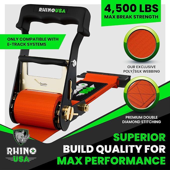 Rhino USA E Track Ratchet Tie Down Straps (4,500lb Break Strength) - Includes (2) Premium 2" x 16' eTrack Tie Downs - Ultimate Heavy Duty eTrack Cargo Strap System for Trailer, Truck, Motorcycle