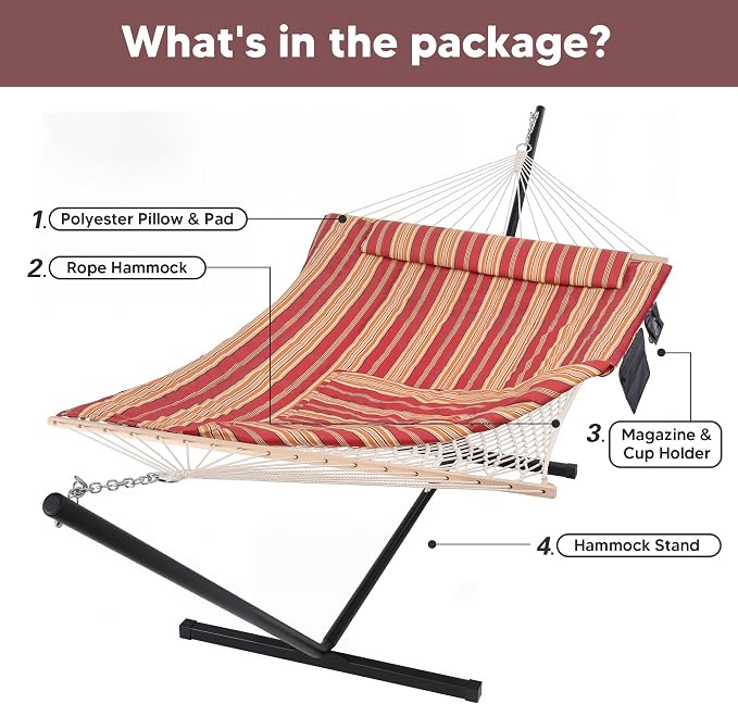 SUNCREAT Hammocks Portable Hammock with Stand, Carrying Bag, Hammock with Stand 2 Person Heavy Duty for Bedroom, Backyard, Patio, Balcony, Red Stripe