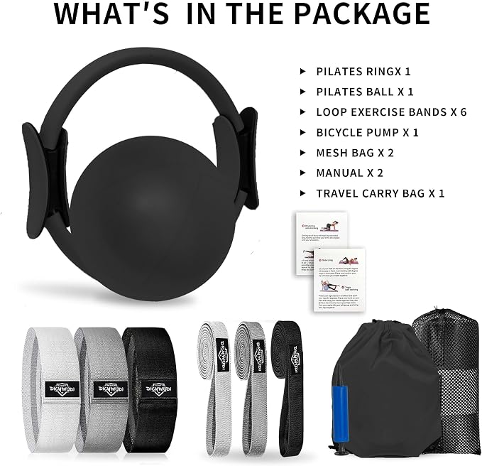 DICYWUDI Pilates Essentials Kit for Home Women, Pilates Equipment for Workouts, 6 Fabric Resistance Bands, 12 Inch Magic Circle Yoga Ring, Mini Exercise Ball, Great Exercise Equipment