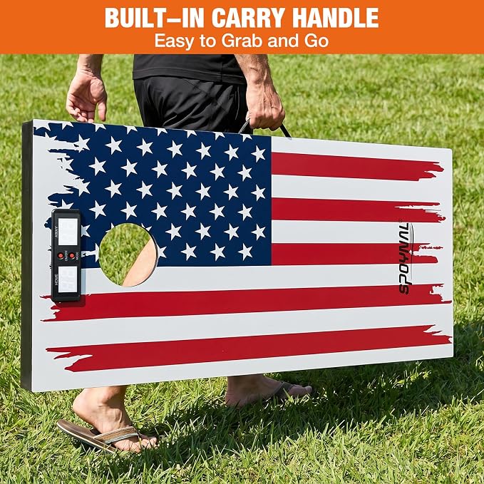 SPOYNAL Electronic Cornhole Board Set 4 x 2 FT, Wooden Corn Hole Game with Built-in Score Display, Portable Yard Games Set with 8 Bean Bags for Backyard, Tailgate, Lawn and Outdoor Gatherings