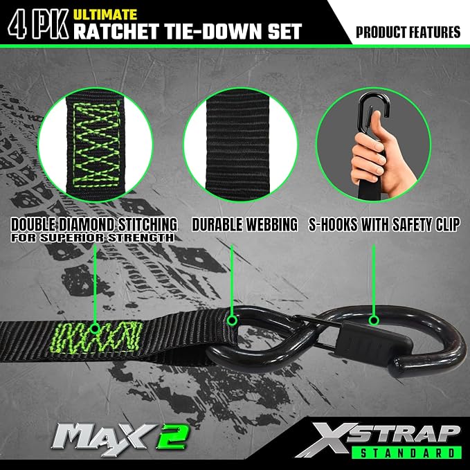 XSTRAP STANDARD 4PK Motorcycle Ratchet Straps, 1" x 15ft, 2,200 lbs Break Strength Tie Down Straps with Safety Lock S-Hooks, Soft Loop Straps and Stickers for Trucks, Cargo, Moving (Black)