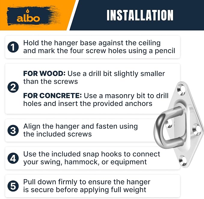 Albo Diamond Plate 2650lbs Swing Hangers 2 PCS - Heavy Duty Ceiling Mount Hooks with Snap Carabiners, 304 Stainless Steel for Wood & Concrete & Metal, Indoor Outdoor Anchor for Hammock, Yoga, TRX