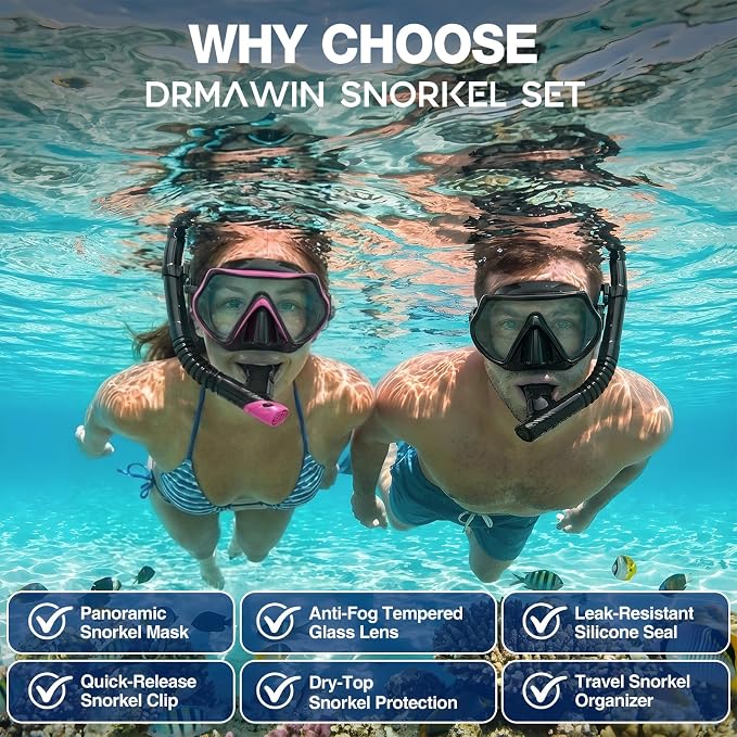 DRMAWIN Snorkeling Gear for Adults & Kids, Dry-Top Snorkel Set with 180° Tempered Glass Mask, Anti-Fog Anti-Leak, Travel Mesh Gear Bag