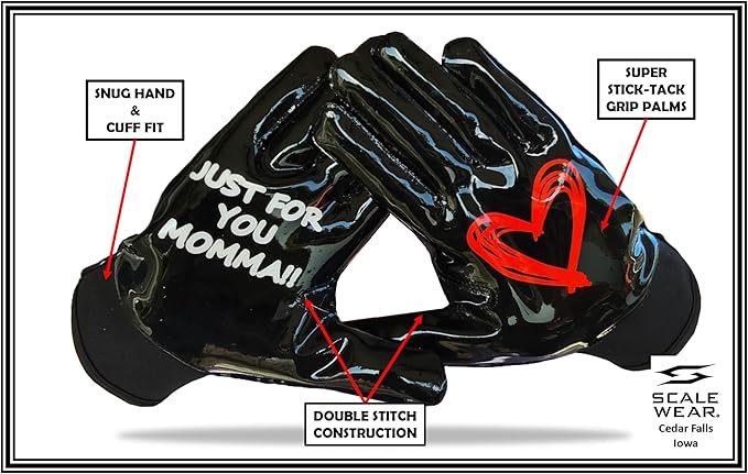 Just for You Momma Football Receiver Gloves - Black White Battle College Lineman Football Gloves Adult Youth Men’s Small to XXL Sizes Money