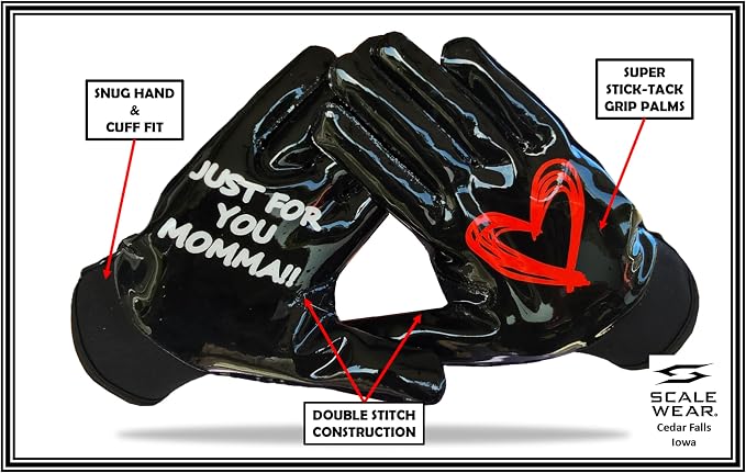 Just for You Momma Football Receiver Gloves - Black White Battle College Lineman Football Gloves Adult Youth Men’s Small to XXL Sizes Money