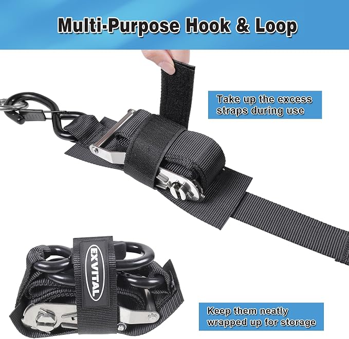 Boat tie Down Straps to Trailer 1.5"×4' transom Straps with Stainless Steel Ratchet Heavy Duty Adjustable Ratchet Straps for Boat Trailer 4400lbs Break Strength,Black 2 Pack