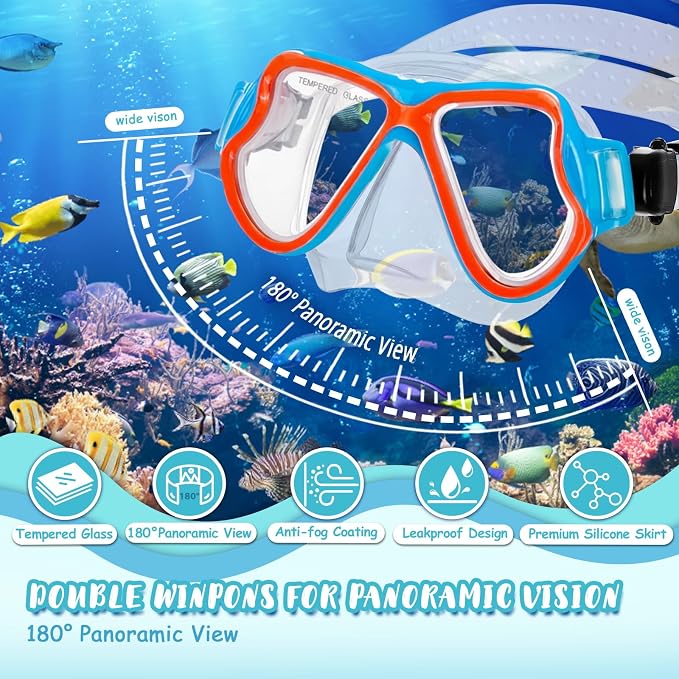 Snorkeling Gear for Kids, 4 in 1 Child Mask Fins Snorkel Set with Panoramic View Anti Fog Mask, Dry Top Snorkel, Trek Fins and Travel Bag, Kids Snorkeling Set with Fins for Snorkeling Swimming
