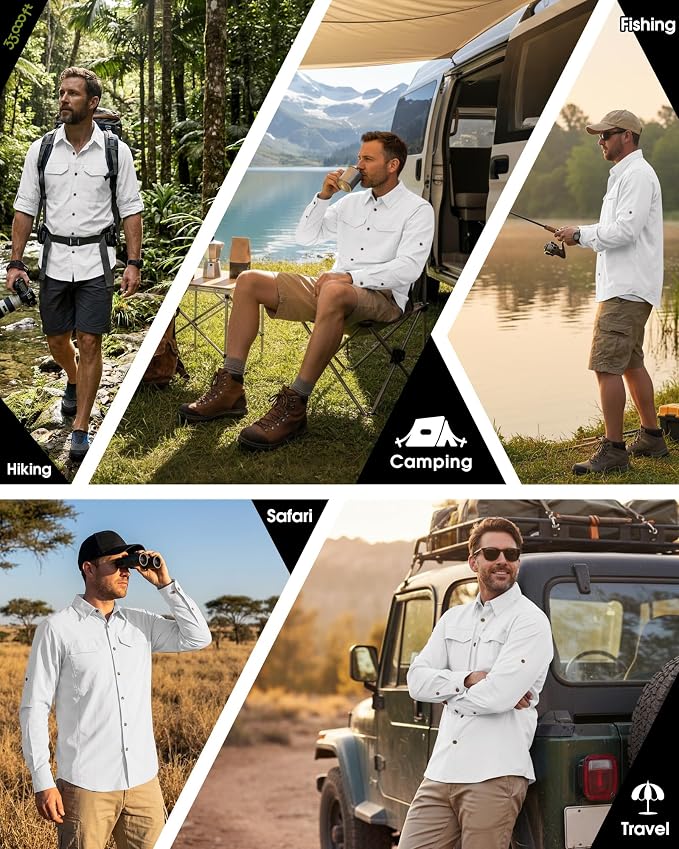 33,000ft Men's Long Sleeve Hiking Shirts Lightweight Quick Dry Sun Protection UV UPF 50 Fishing Shirt Outdoor Safari Travel