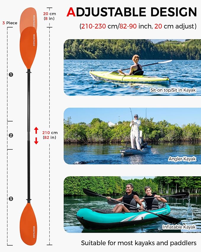 Kayak Paddle with Fiberglass Shaft and Reinforced Nylon Blade, Adjustable Kayaking Oars, 3 Piece, 230-250 cm/90-98 inches, 210-230 cm/82-90 inches