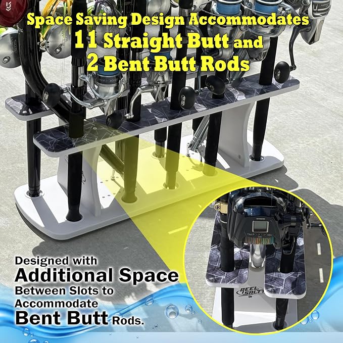 Rush Creek Creations Reel Salty Fishing Rod Holder Rack for 13 Rods – Marine Grade 2-Tier Storage Organizer, UV-Resistant Waterproof Rod Rack for Garage, Dock & Boat