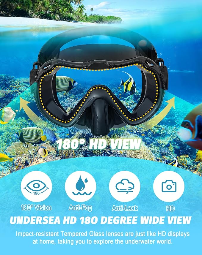Snorkeling Gear for Adults, Snorkel Mask Set 180° Panoramic View Snorkel Gear, 100% Food-Grade Silicone Anti-Fog Anti-Leak Dry Top Diving Mask for Snorkeling Swimming Scuba Diving