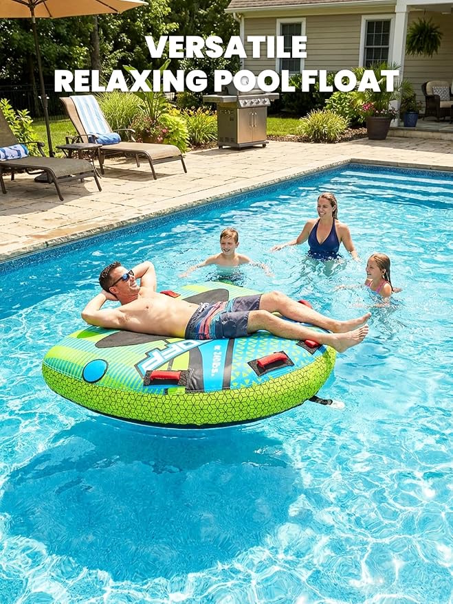 Zeraty Towable Tube for Boating 1-2 Riders, Heavy Duty Inflatable PVC Water Tube with 420D Nylon Cover & Reinforced Handles, Stable Deck Tube for Lake Ocean River, Towable for Water Sports Kids Adults