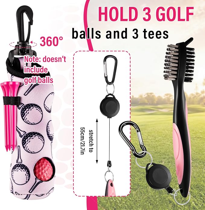 13 Pcs Pink Golf Accessories Kit, Checkered PU Leather Blade Putter Headcover, Water-Resistant & Easy-to-Clean, Magnetic Ball Marker, Tees, Divot Tool, Towel & Brush, Gift for Women Girls