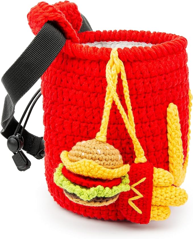 Handmade Crochet Rock Climbing Chalk Bag, Fun Plush Animal Chalk Pouch with Drawstring, Adjustable Waist Belt for Indoor Outdoor Bouldering Sport Climbing