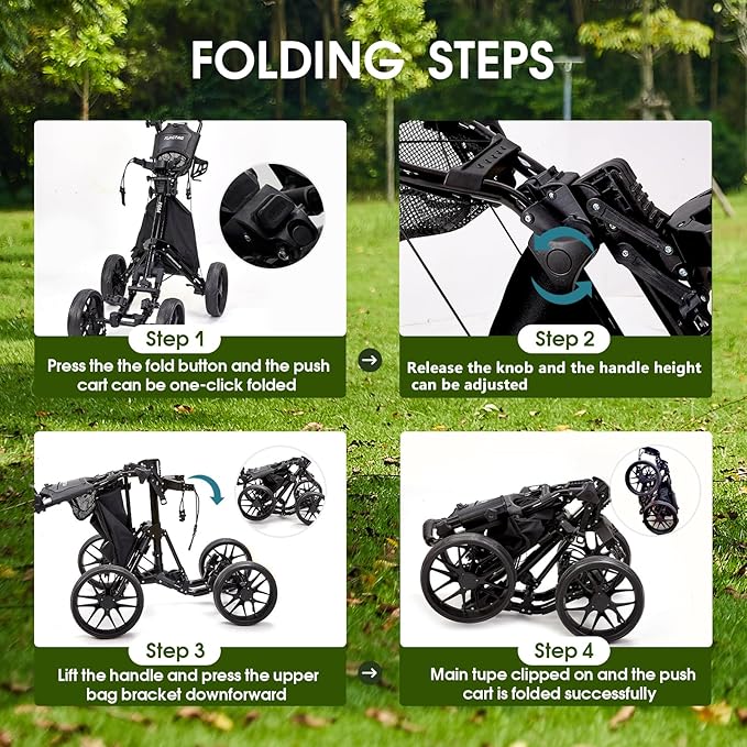 FLAGTAG Golf Push Cart 4-Wheels,Folding Golf Cart, Golf Pull cart with Cup Holder,Umbrella Holder,Cooler Bag, Foldable with one-Click,Handle Height Adjustable,Drink Holder,Walking Push cart