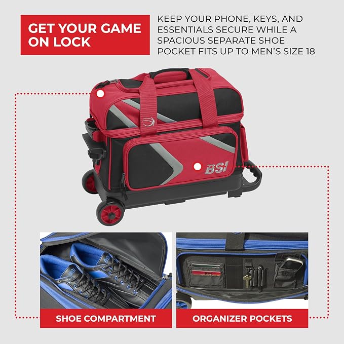 BSI Dash Roller Bowling Bag with Smooth Rolling Wheels, Padded Ball Compartment, Retractable Locking Handle, & Shoe Pocket