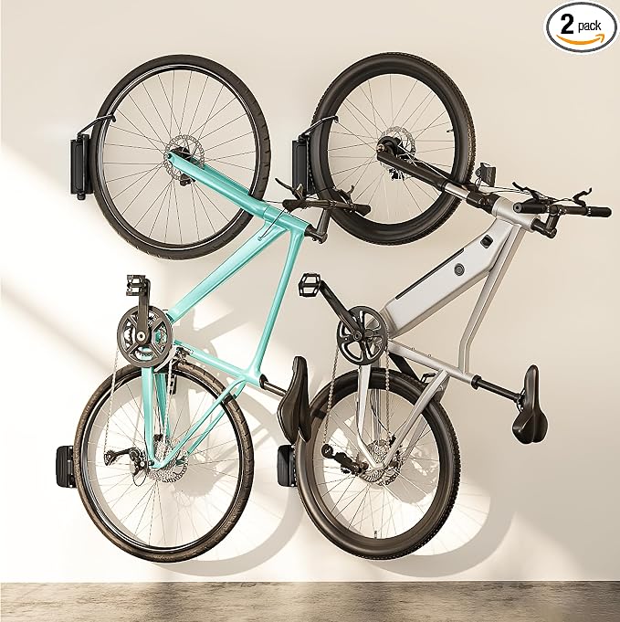 PEGZONE 2 Pack Bike Hooks for Garage, Heavy Duty Swivel Bike Wall Mount, Holds 77 Lbs Bike Wall Hanger, Adjustable Garage Bike Rack for Bedroom Home Office, 2 Pack