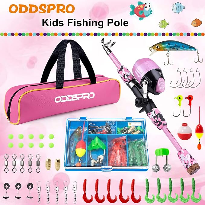 ODDSPRO Kids Fishing Pole - Portable Telescopic Kids Fishing Rod and Reel Combo Kit - with Spincast Fishing Reel Tackle Box for Girls, Youth
