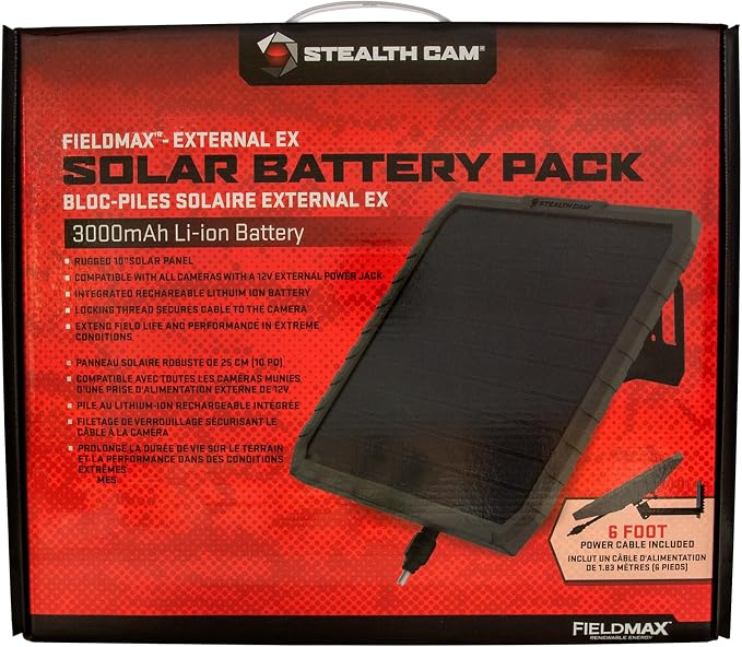 Stealth CAM FieldMAX External EX Solar Battery Pack, 10" Panel, 3000mAh Rechargeable Battery, 6ft Insulated Power Cable, USB Included, Compatible with Trail Cameras w/ 12V Battery Jack
