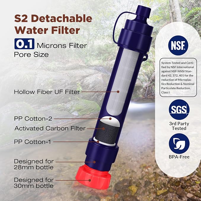 Membrane Solutions S2 Detachable Water Filter Straw (Pack of 4) with 23oz Collapsible Squeezable Water Filtration System.