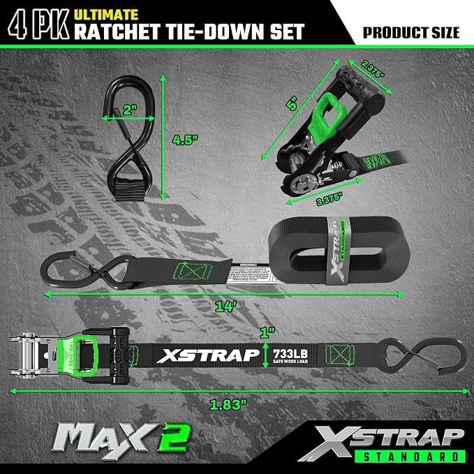 XSTRAP STANDARD 4PK Motorcycle Ratchet Straps, 1" x 15ft, 2,200 lbs Break Strength Tie Down Straps with Safety Lock S-Hooks, Soft Loop Straps and Stickers for Trucks, Cargo, Moving (Black)