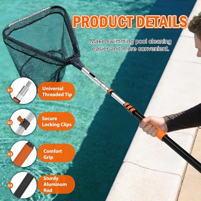 SISIUPASSIE 12FT Pool Skimmer Net with Pole, Foldable & Larger Capacity Pool Net for Cleaning, Telescopic Pool Pole Heavy Duty with Fine Mesh Pool Leaf Net for Above Ground & In-ground Pools