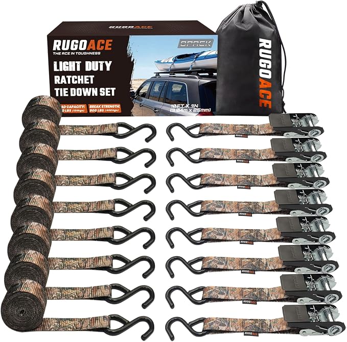 8PK Ratchet Tie Down Straps 1" x 10ft, 300lbs Load Capacity, 900lbs Break Strength, Durable for Moving Appliances, Lawn Equipment, Motorcycles, Cargo Trucks, Trailers & More, Camouflage