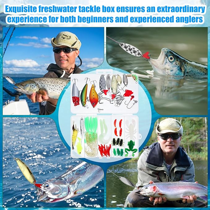 Fishing Lures Kit with Tackle Box, Pliers, Fish Gripper, Saltwater Freshwater Gear Set for Bass Trout, Hooks Weights Bobbers Rigs Leaders