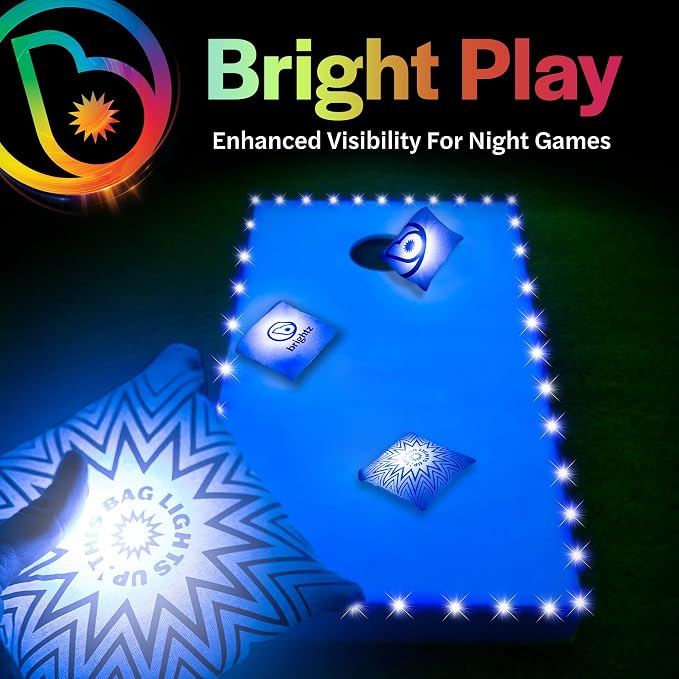 Brightz Cornhole Board Edge Lights with LED Bags - Includes 4-Pack of LED Cornhole Bags + TossBrightz Cornhole Board Edge Lights - The Ultimate Night Time Cornhole Master Set
