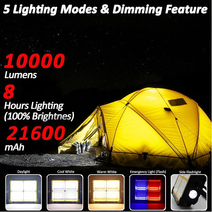 150W Portable Rechargable Dual Solar Panel LED Work Light with 5 Modes, 10000LM 21600mAh IP66 Waterproof Outdoor Flood Light