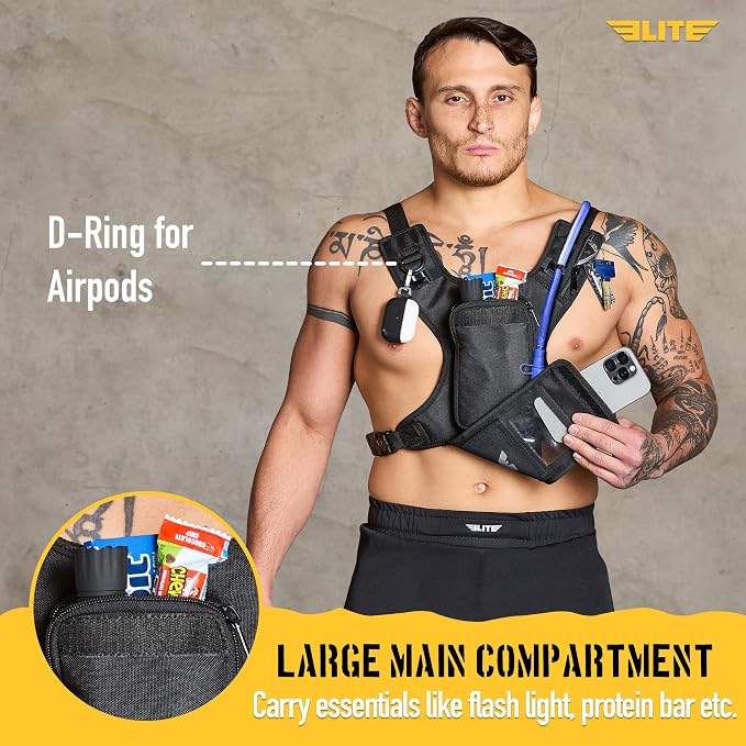 Elite Hydra Running Chest Pack w/ Gun Holster, Phone Holder Touch Friendly, Camera Pocket for Men/Women Lightweight Hydration Vest Chest Rig w/ Water Bladder for Marathon, Cycling, ADV Camping, Skiing