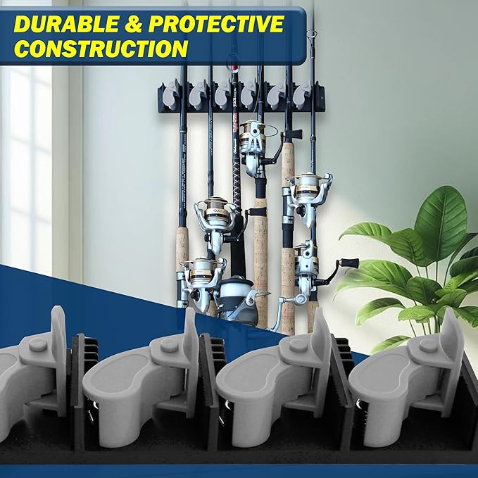 Rush Creek Creations 6-Rod Vertical Fishing Rod Holder for Garage, Heavy-Duty ABS Plastic Wall Mount Fishing Rod Rack, Securely Holds up to 6 Rods or Combos