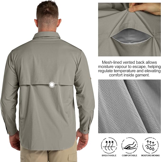 33,000ft Men's UPF 50+ UV Protection Long Sleeve Hiking Shirts Breathable Quick Dry Fishing Shirts for Safari, Outdoor