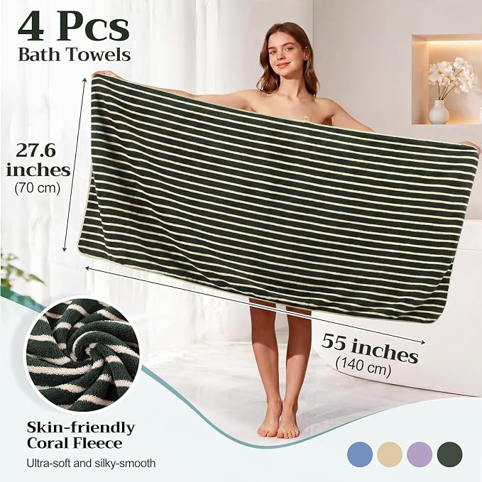 Mindsoft 4 Pcs Microfiber Stripe Bath Towels 27'' x 55'' Soft Highly Absorbent Shower Towels with Hang Loop Large Colorful Light Weight Bathroom Towel Sheet for Beach Travel Spa Gym Camp(Dark)
