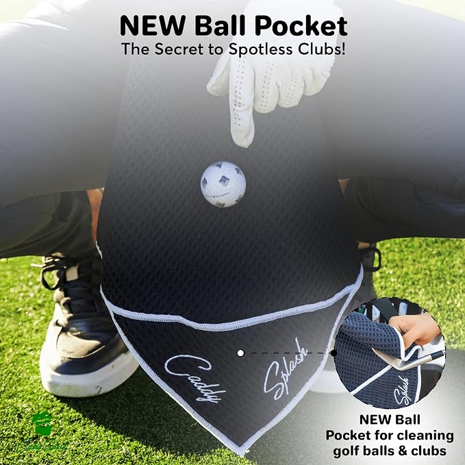 Caddy Splash Pocket Mag Towel – Magnetic Microfiber Golf Towel with Ball Pocket, Ultra-Absorbent & Durable, Strong Magnet & Carabiner for Easy Bag Attachment – The Ultimate Golf Towel-Black/White