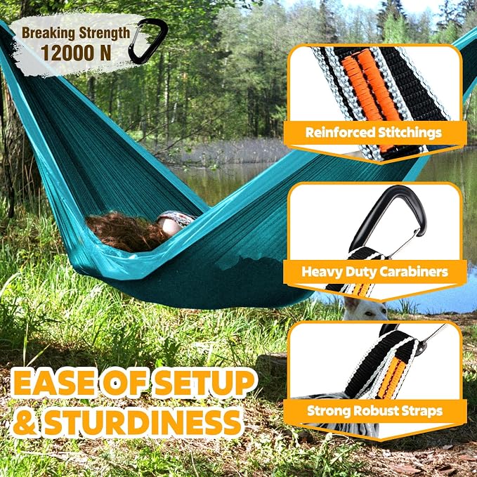 NATUREFUN Ultra-Light Travel Camping Hammock | 300kg Load Capacity,Breathable,Quick-Drying | 2 x Premium Carabiners,2 x Nylon Slings Included | Outdoor Indoor Garden