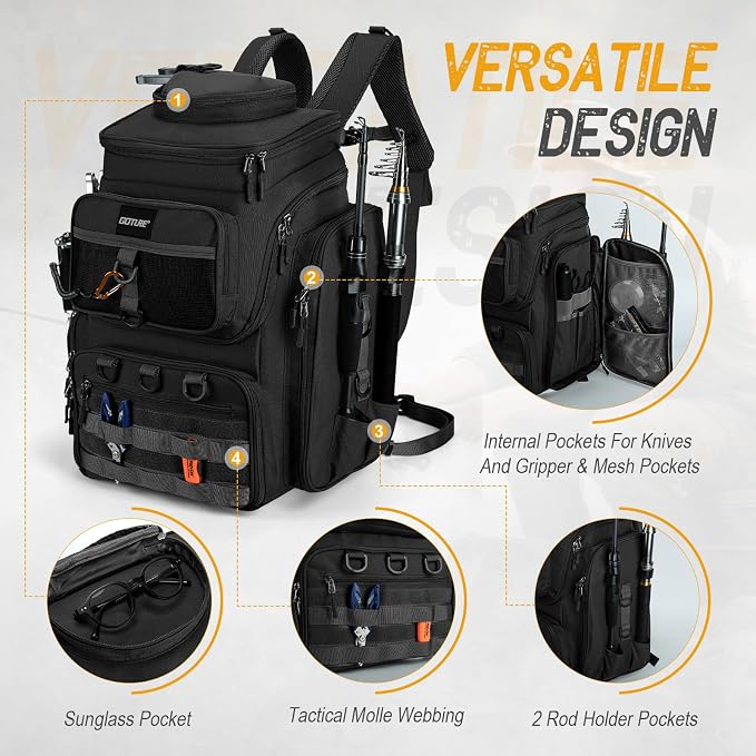 Goture Fishing Backpack with 4 Tackle Boxes, 900D Water-Resistant Tackle Backpack with Rod Holders,Insulated Cooler Compartment, 55L Large Capacity Fishing Gear Storage Bag for Saltwater & Freshwater