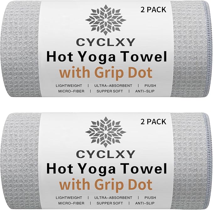 2 Pack Hot Yoga Towel with Grip Dot，Stickyfiber Yoga Mat Towels Non Slip for Hot Yoga,Absorbent Microfiber Sweat Anti-Slip Cover,Bikram,Pilates,Exercise