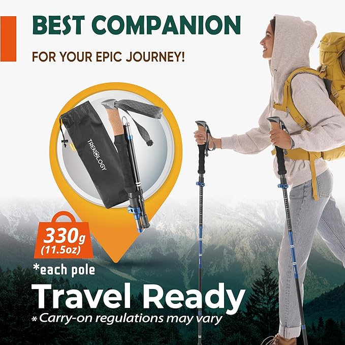 TREKOLOGY Trek-Z Cork Grip Trekking Poles Bundle with 6 Rubber Tip Replacements – Lightweight Folding Hiking Poles, Adjustable Height, Premium Aluminum Walking Sticks for Men & Women