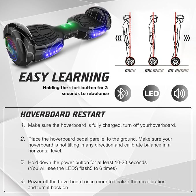 Spider-Pattern Hoverboard for Kids Ages 6-12, with Bluetooth Speaker and LED Lights 6.5" Hover Board, UL2272 Safety Certified (Black)