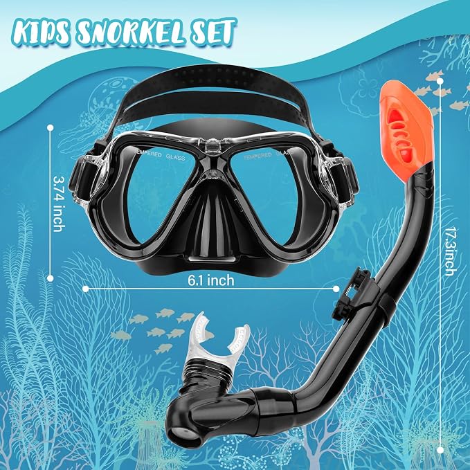 Snorkeling Gear for Kids, 4 in 1 Child Mask Fins Snorkel Set with Panoramic View Anti Fog Mask, Dry Top Snorkel, Trek Fins and Travel Bag, Kids Snorkeling Set with Fins for Snorkeling Swimming