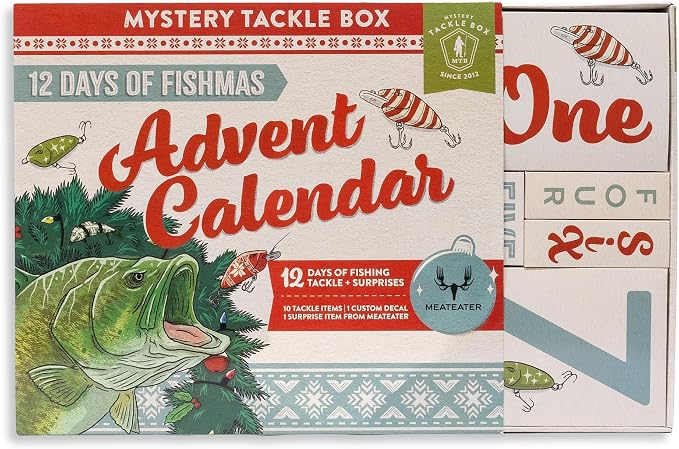 Catch Co Mystery Tackle Box 12 Days of Fishmas Advent Calendar | Bass Fishing Lure Gift Set with 35 baits & lures including 10 Premium Baits, Holiday Decal & Meateater Trivia Pack