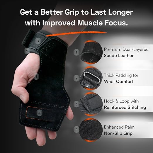 Lifting Grips for Weight Lifting, Powerlifting & Weightlifting Grips with Enhanced Grip, Double Layer Leather Gym Grips for Deadlifts & Back Workouts, Black