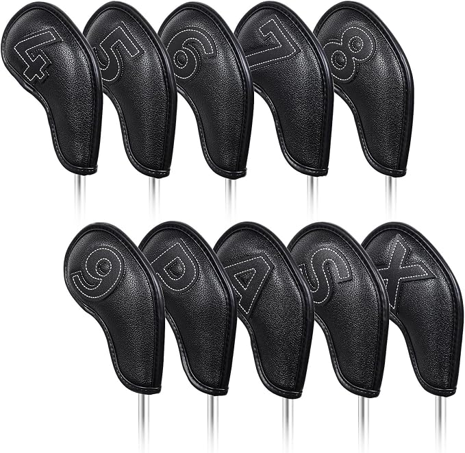 Craftsman Golf 10pcs Clean and Simple Black Iron Headcover Set Premium Leather Large No. on Both Sides Easy for Recognize Magnetic Closure