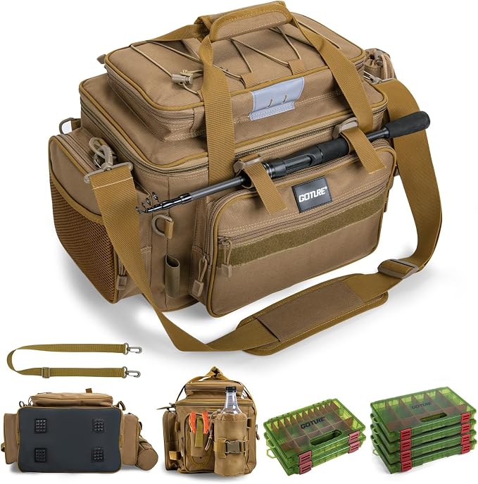 Goture Fishing Tackle Bag with 4PCS 3700 & 2PCS 3600 Tackle Boxes | 600D Water-Resistant, Rod Straps, Detachable Bottle Pouch,Waterproof Bottom, Freshwater & Saltwater Gear Storage Fishing Bag