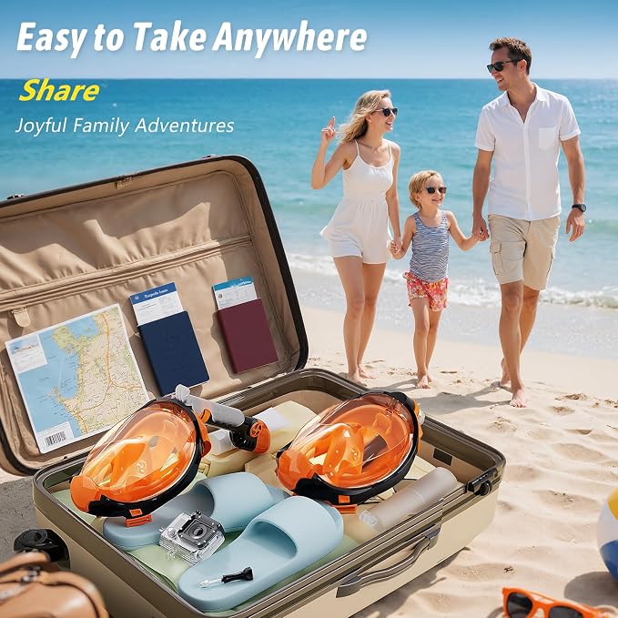 Greatever G2 Adults Kids Full Face Snorkel Mask 2 Pcs,Snorkeling Gear with Latest Dry Top System,Foldable 180 Degree Panoramic View,Safe Breathing,Anti-Leak&Anti-Fog Snorkeling Mask with Camera Mount