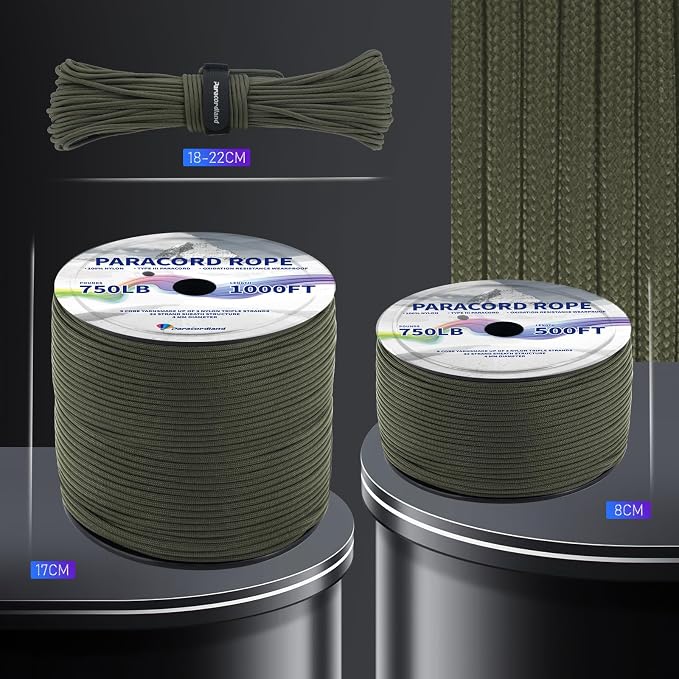 Paracordland-750LB Paracord Rope-100ft/500ft/1000ft- 9 Strand Parachute Spool Cord Heavy Duty String Ideal for Survival Gear Bracelet Camping Hikig Fishing-Army Green-500FT